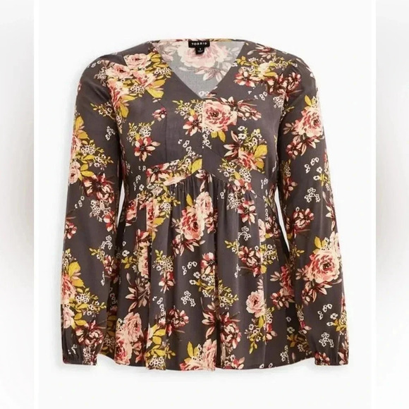 Torrid Gray Floral Crepe Babydoll Rayon Top - Picture 5 of 6